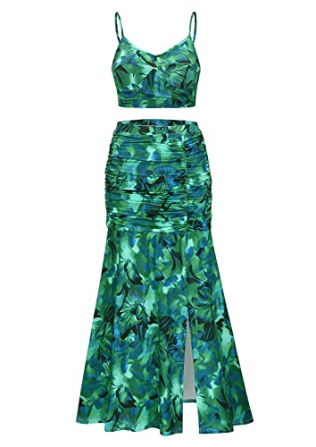 Women's Summer Floral Printed Spaghetti Strap Cami Top and Split Thigh Skirt Set Slim Fit Club Party Dress