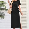 41lL5eyGI8L.jpg Women 2025 Summer Casual Dress Tie Waist T Shirt Short Sleeve Beach Crew Neck Slit Maxi Trendy
