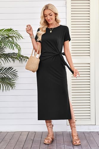 41lL5eyGI8L.jpg Women 2025 Summer Casual Dress Tie Waist T Shirt Short Sleeve Beach Crew Neck Slit Maxi Trendy
