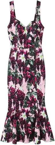 Women's Floral Print Dress with Heart Shaped Collar Slim Fit Straps Side Zipper Long Maxi Skirt