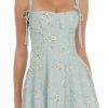 Women's Floral A-Line Mini Dress Sleeveless Tie-Up Strap Low Cut Ruffles Hem Slim Dress Vestidos