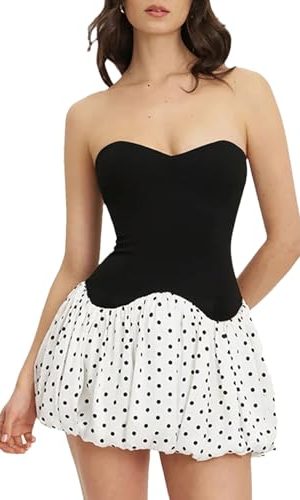 Women's Strapless Polka Dress - Dot Patchwork Ultra Short Holiday Party