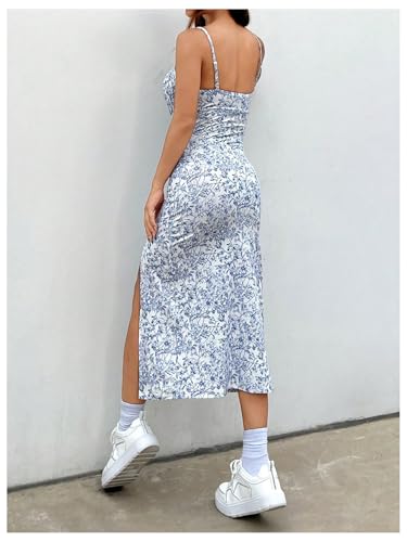 Women's Summer Ditsy Floral Print Spaghetti Strap Split Thigh Cami Midi Dress