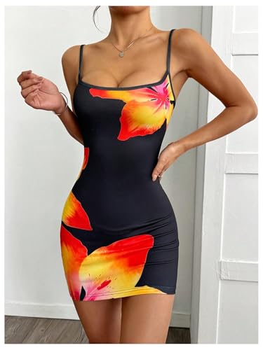 Women's Floral Print Bodycon Spaghetti Strap Dress Backless Mini Summer Dresses