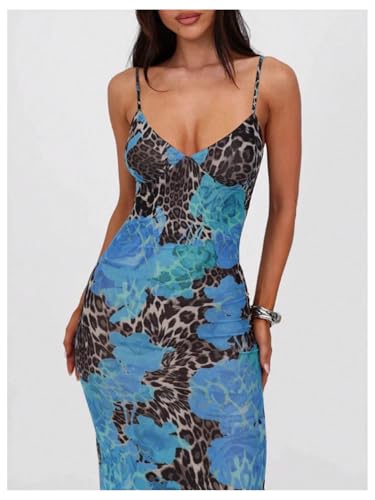 Women's Floral Leopard Maxi Cami Dress Elegant V Neck Spaghetti Strap Long Dresses