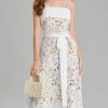Women Runway Crochet Hollow Out Lace Ruffles Spaghetti Strap Embroidery Belt Lace Up Midi Dress (White,l)