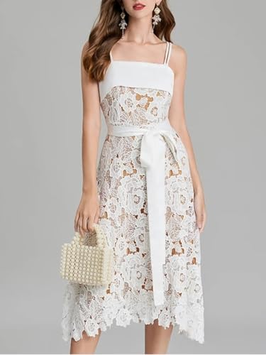 Women Runway Crochet Hollow Out Lace Ruffles Spaghetti Strap Embroidery Belt Lace Up Midi Dress (White,l)