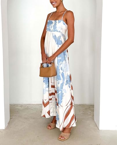 Women's Bohemian Floral Print Back Smocked Maxi Dress Sexy Spaghetti Strap Ruffle Swing Beach Long Dress