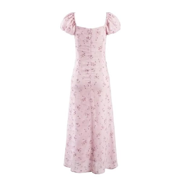 Women's Floral Bubble Sleeve A- Line V-Neck Dress Slimming Waist Long Holiday Dresses