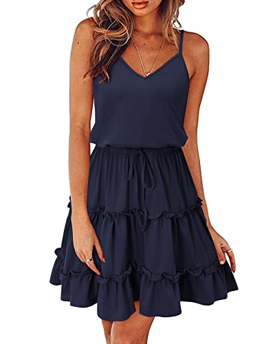 Women's 2025 Summer Dress Spaghetti Strap Casual Boho Beach Vacation Outfits Drawstring Ruffle Hem Sundress Trendy