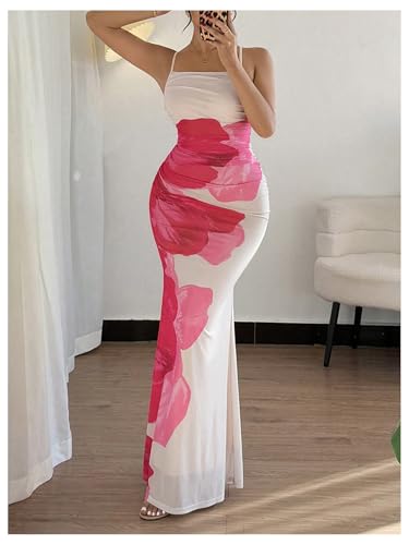 Women's Boho Floral Mesh Cami Spaghetti Strap Bodycon Maxi Summer Dresses