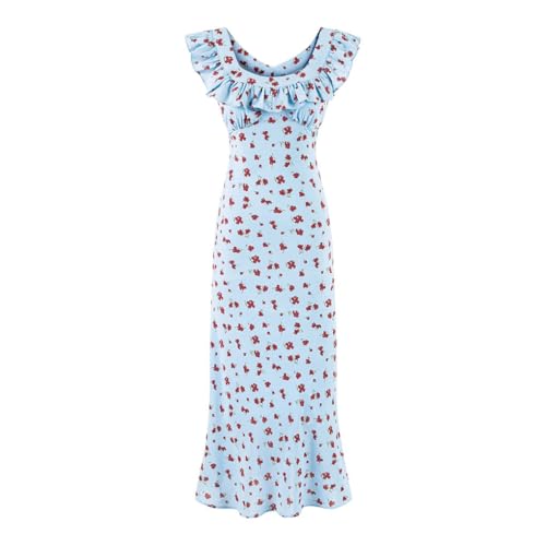 Women's Print Slim Long Dress Ruffle Square Collar Sleeveless Midi Dresses Casual A-Line Vestido