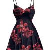 Women's Floral Draped Neck Cami Dress Backless Spaghetti Strap Short Dresses