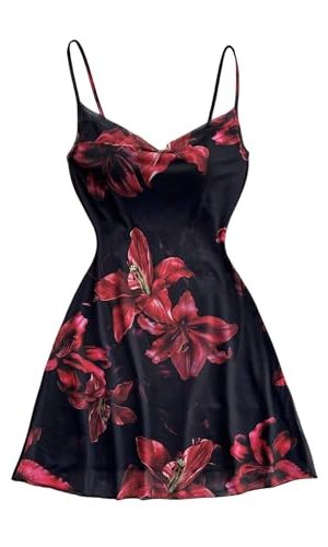Women's Floral Draped Neck Cami Dress Backless Spaghetti Strap Short Dresses