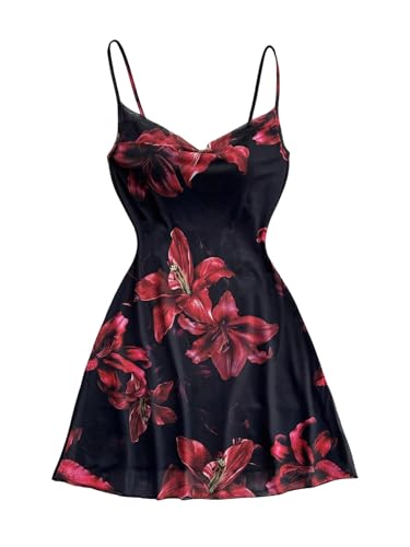 Women's Floral Draped Neck Cami Dress Backless Spaghetti Strap Short Dresses