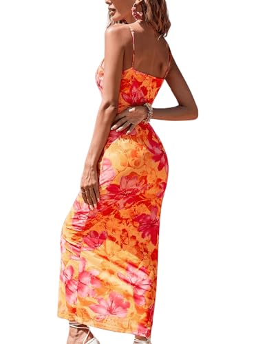 Women's Floral Print Tie Dye Spaghetti Strap Backless Fitted Cami Pencil Dress Summer Boho Maxi Slip Dresses
