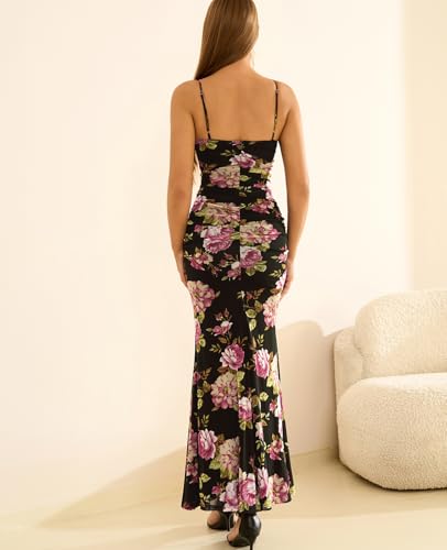 Women's Floral Wedding Guest Formal Maxi Dress Bodycon Spaghetti Strap V Neck Elegant Cocatail Dresses
