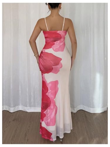 Women's Boho Floral Mesh Cami Spaghetti Strap Bodycon Maxi Summer Dresses