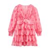 Women's Print Stacked Skirt - V-Neck Long Sleeve Cake Loose Casual