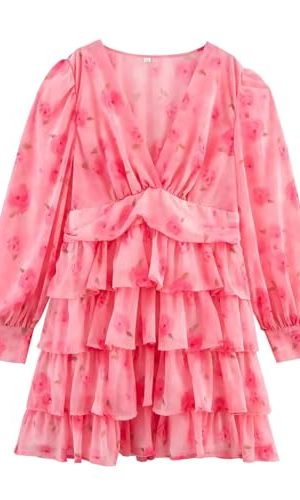 Women's Print Stacked Skirt - V-Neck Long Sleeve Cake Loose Casual