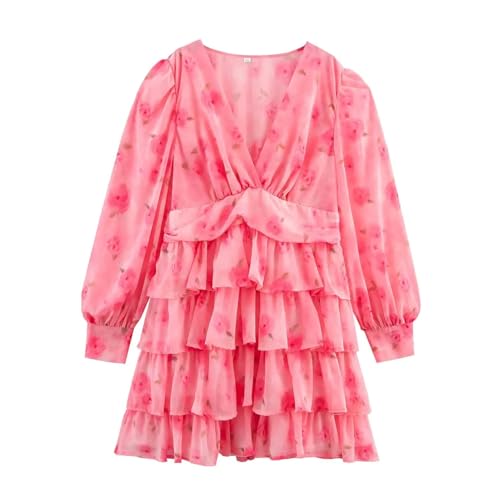 Women's Print Stacked Skirt - V-Neck Long Sleeve Cake Loose Casual