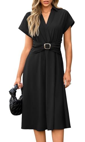 Womens Wear to Work Teacher Business Casual Dress Funeral Midi Dresses Button Down Office Clothes with Pockets