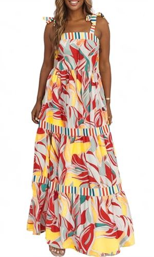 Women's 2025 Summer Sleeveless Floral Print Maxi Dress Strap Square Neck Beach Sun Dress