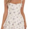 Women's Floral A-Line Mini Dress Sleeveless Tie-Up Strap Low Cut Ruffles Hem Slim Dress Vestidos