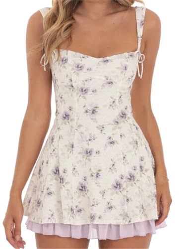 Women's Floral A-Line Mini Dress Sleeveless Tie-Up Strap Low Cut Ruffles Hem Slim Dress Vestidos