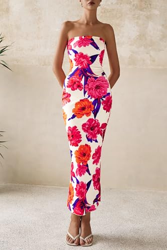 Women's 2025 Summer Floral Bodycon Maxi Dresses Ribbed Strapless Tube Casual Boho Party Long Dress