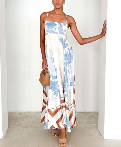 Women's Bohemian Floral Print Back Smocked Maxi Dress Sexy Spaghetti Strap Ruffle Swing Beach Long Dress