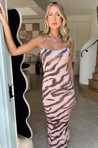 Women’s Spaghetti Strap Lace-up Maxi Dress Zebra Print Sleeveless Bodycon Long Party Dress