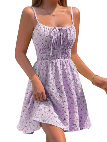 Women Floral Boho Spaghetti Strap Sundress Sleeveless Smocked A Line Mini Dress