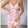 Women Boho Floral Ruched V Neck Cami Mini Dress Lettuce Trim Spaghetti Strap Short Dress