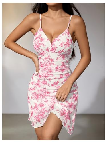 Women Boho Floral Ruched V Neck Cami Mini Dress Lettuce Trim Spaghetti Strap Short Dress