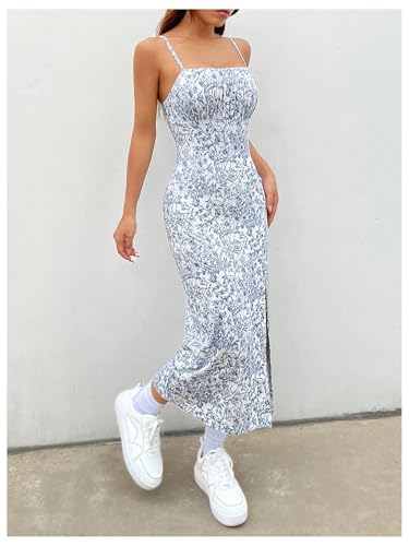 Women's Summer Ditsy Floral Print Spaghetti Strap Split Thigh Cami Midi Dress