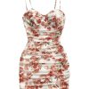 Women's Ruched Rose Print Cami Dress Spaghetti Straps Bodycon Mini Dresses