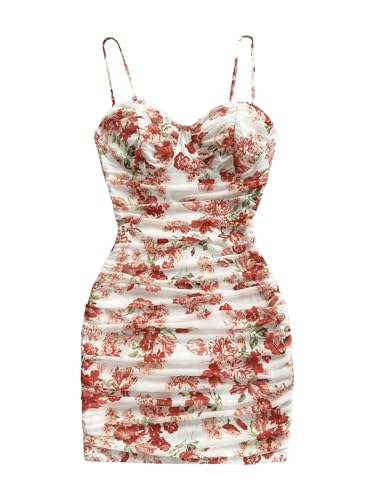 Women's Ruched Rose Print Cami Dress Spaghetti Straps Bodycon Mini Dresses