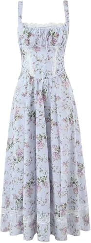 Women's Lace Spliced Floral Print Vacation Dress Sexy Square Neck Spaghetti Straps Slim Fit Midi Dresses