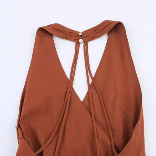 Women's Elegant Halter V Neck Sleeveless Backless Gold Embelliment High Waist A-line Long Dresses