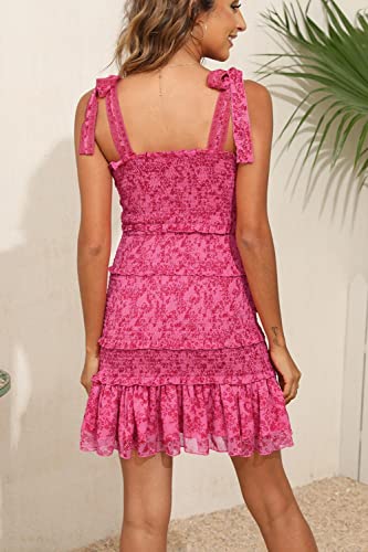 Womens Summer Ruffle Smocked Mini Dress Sleeveless Floral Print Tiered Tie Slim Fit Short Dresses