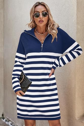 Women's Winter Sweater Dress 2024 Striped Long Sleeve Lapel Collar Chunky Knit Slouchy Oversized Sweaters