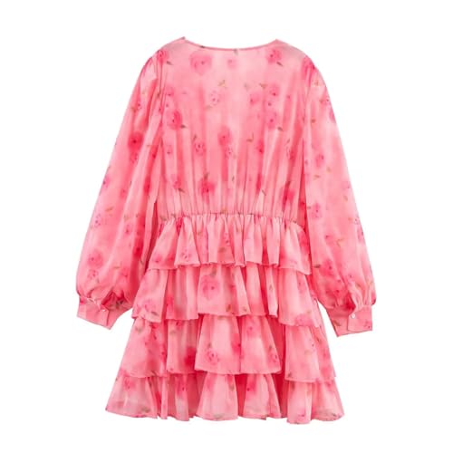 Women's Print Stacked Skirt - V-Neck Long Sleeve Cake Loose Casual