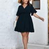Plus Size Casual Summer Dress for Women Swiss Dot Wrap V Neck Ruffle Sleeve Smock Boho Mini Dress
