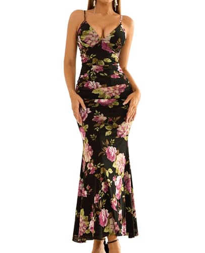 Women's Floral Wedding Guest Formal Maxi Dress Bodycon Spaghetti Strap V Neck Elegant Cocatail Dresses