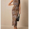 Women's Floral Leopard Twisted Mesh Dress Sleeveless Bodycon Long Cocktail Dresses