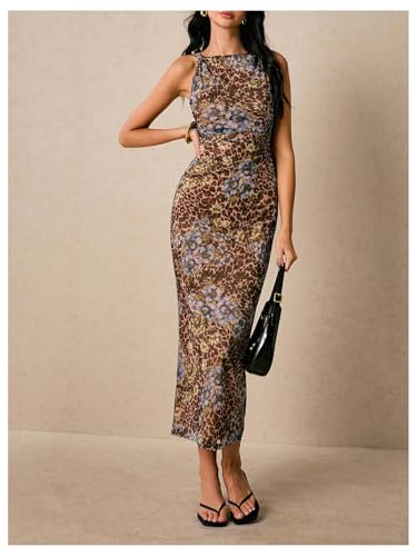 Women's Floral Leopard Twisted Mesh Dress Sleeveless Bodycon Long Cocktail Dresses