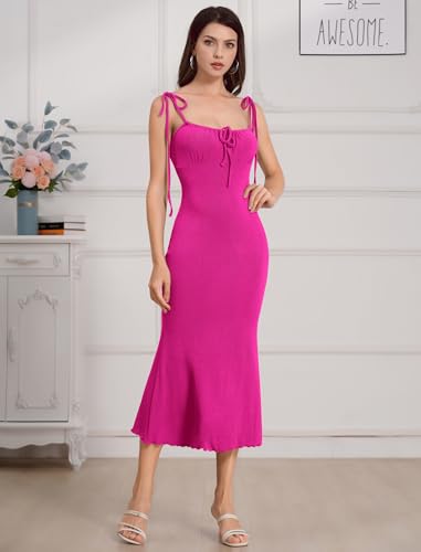 Womens Tie Shoulder Drawstring Ruched Bust Mermaid Hem Cami Slip Dress Bodycon Maxi Evening Party Dress