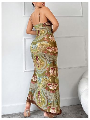 Women's Cut Out Ruffle Trim Bodycon Maxi Slip Dress Floral Split Thigh Spaghetti Strap Long Cami Dresses