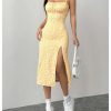 Women's Floral Spaghetti Strap Cami Dress Ruched Bust Slit Midi Dresses
